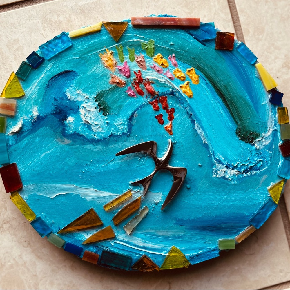 Live edge wood cookie mosaic with gold foil, beads, tiles and oil paint Original